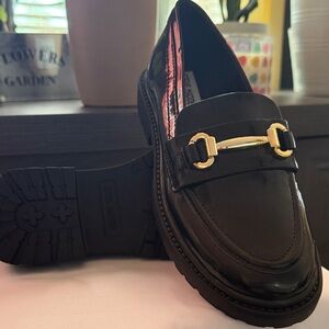 Steve Madden Black Loafers with Gold Buckle